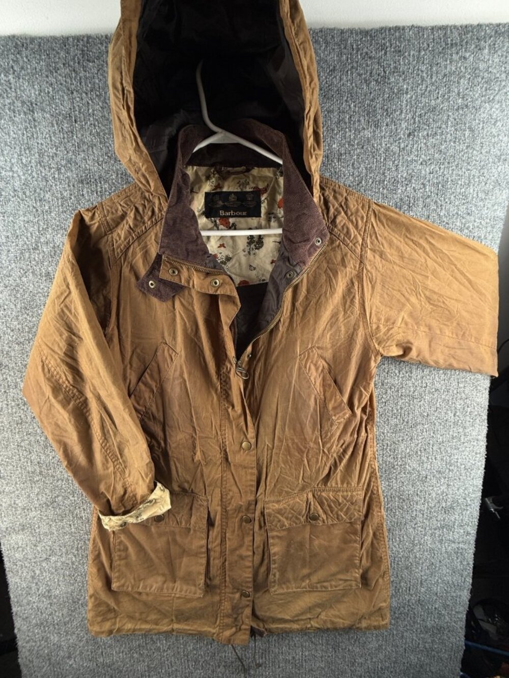 Barbour Lambley Brown Tan Size 10 England Waxed Jacket Women Zip Long Hooded